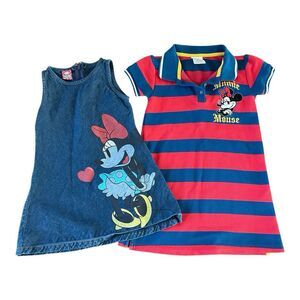 2 Disney Dress Size 5/6 Minnie Mouse Embroidered Striped & Jean Size 4‎ READ
